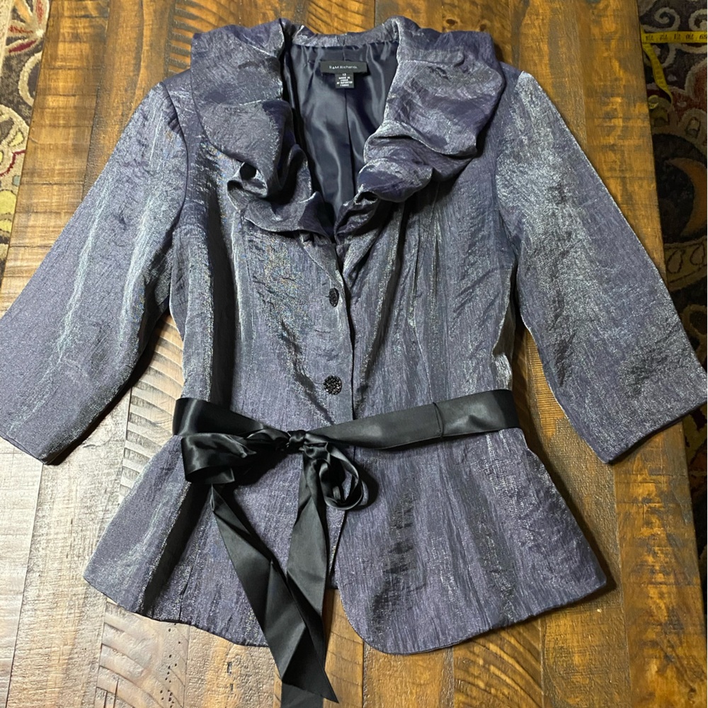 R&M Richards Women's Shimmering Gray Blouse Top with Black Ribbon Belt Sz 12